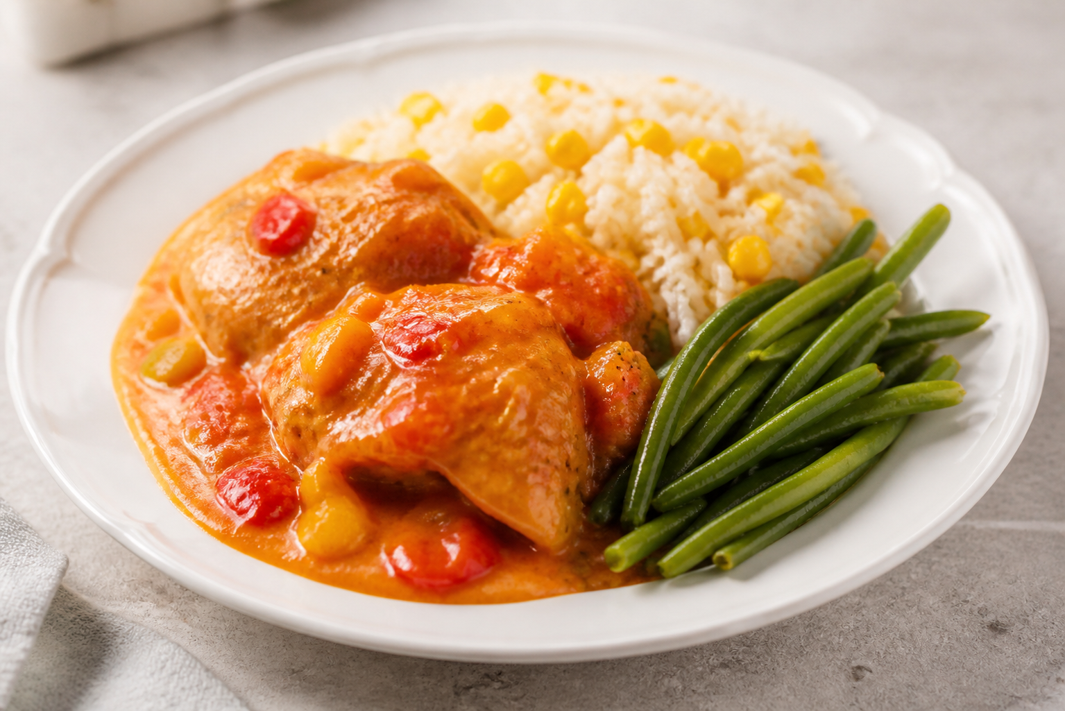 Honduran Chicken in Custard Apple and Sweet Pepper Sauce with Corn Rice and Sautéed Green Beans