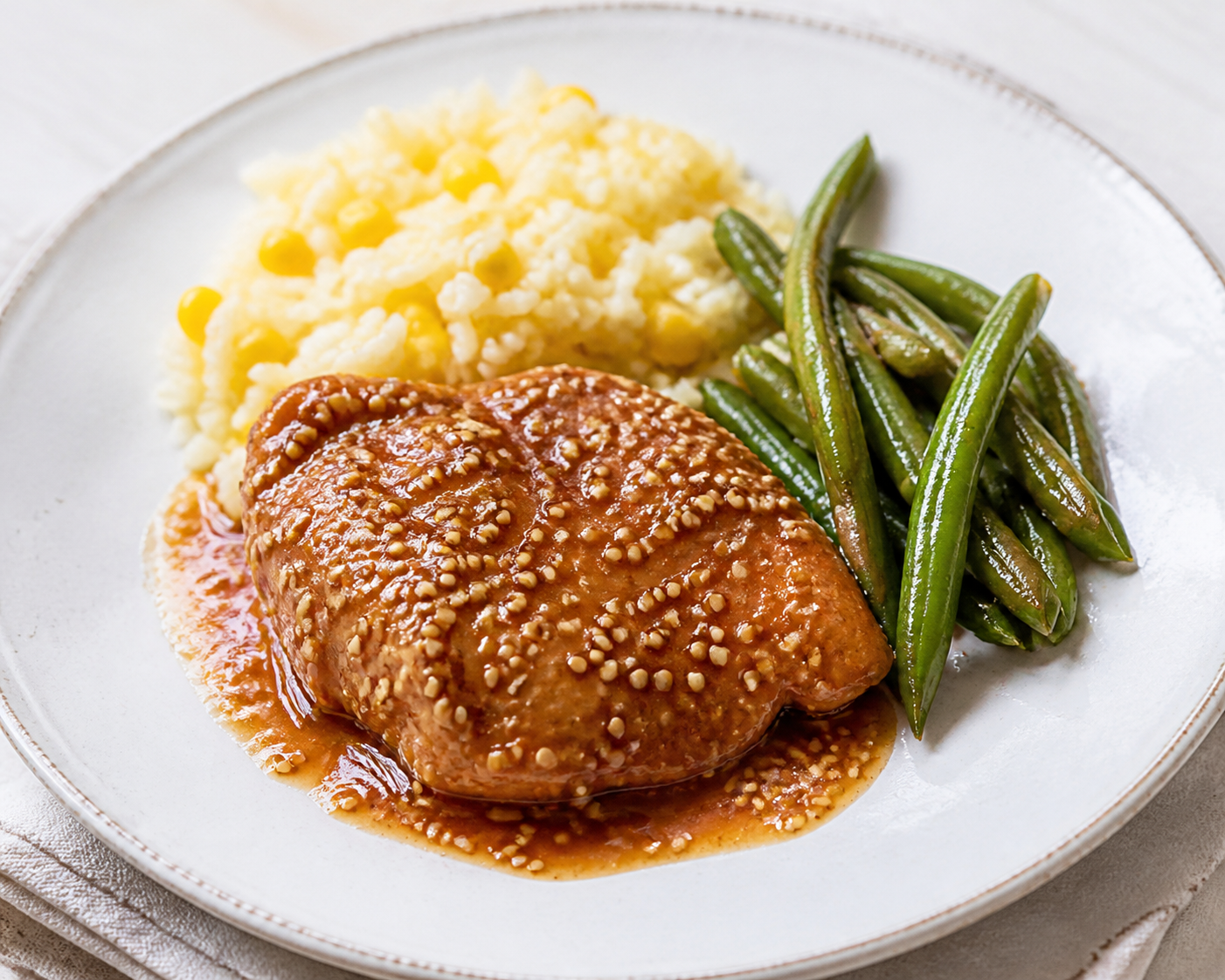 Honduran Chicken in Toasted Sesame and Sour Orange Sauce with Corn Rice and Sautéed Green Beans