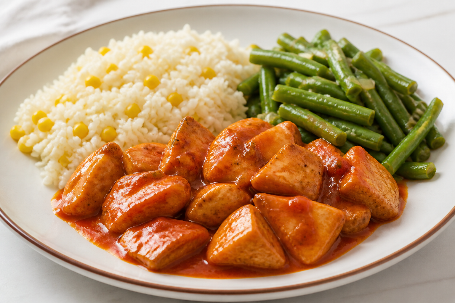 Honduran Chicken in Guava and Sweet Pepper Sauce with Corn Rice and Sautéed Green Beans