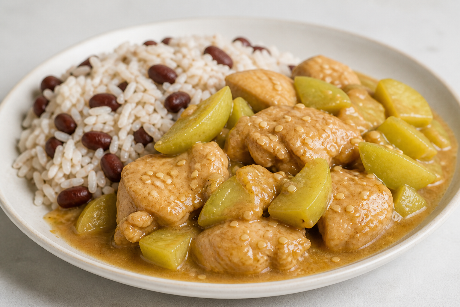 Honduran Chicken in Roasted Chayote and Sesame Sauce with Red Bean Rice