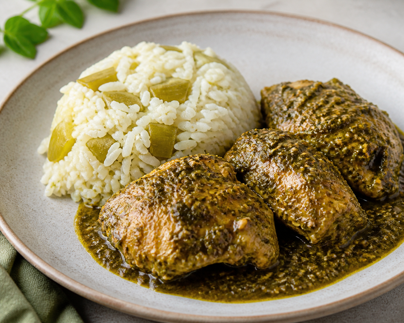 Honduran Chicken in Chipilín and Sesame Sauce with Green Banana Rice