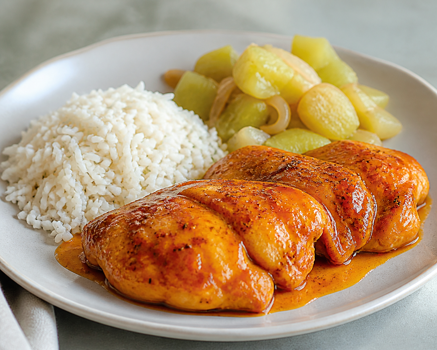 Honduran Chicken in Ojoche and Annatto Sauce with Light Coconut Rice and Warm Chayote Salad