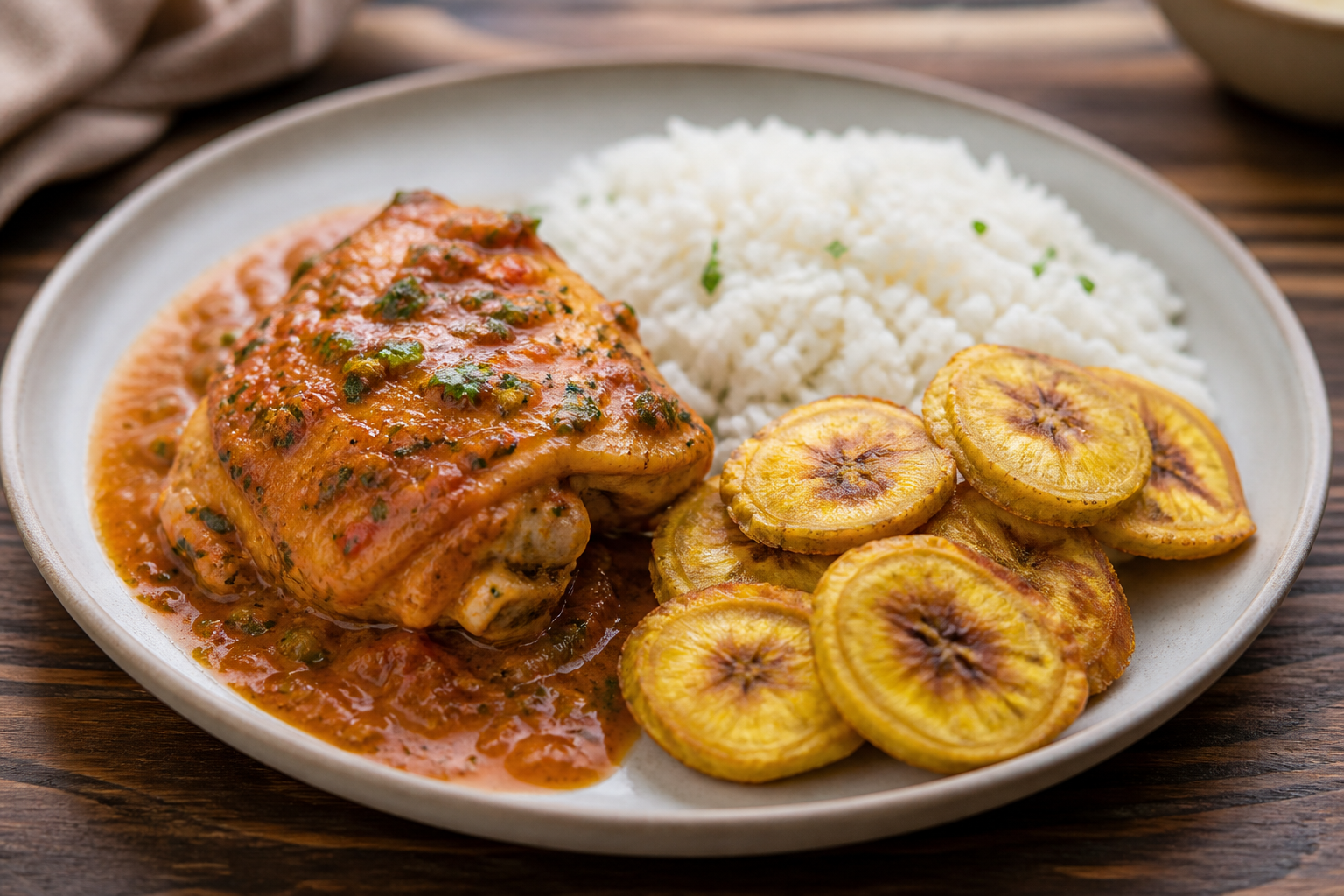 Honduran Chicken in Rosquilla, Roasted Tomato and Cilantro Sauce with Gentle Coconut Rice and Crispy Green Plantain Slices