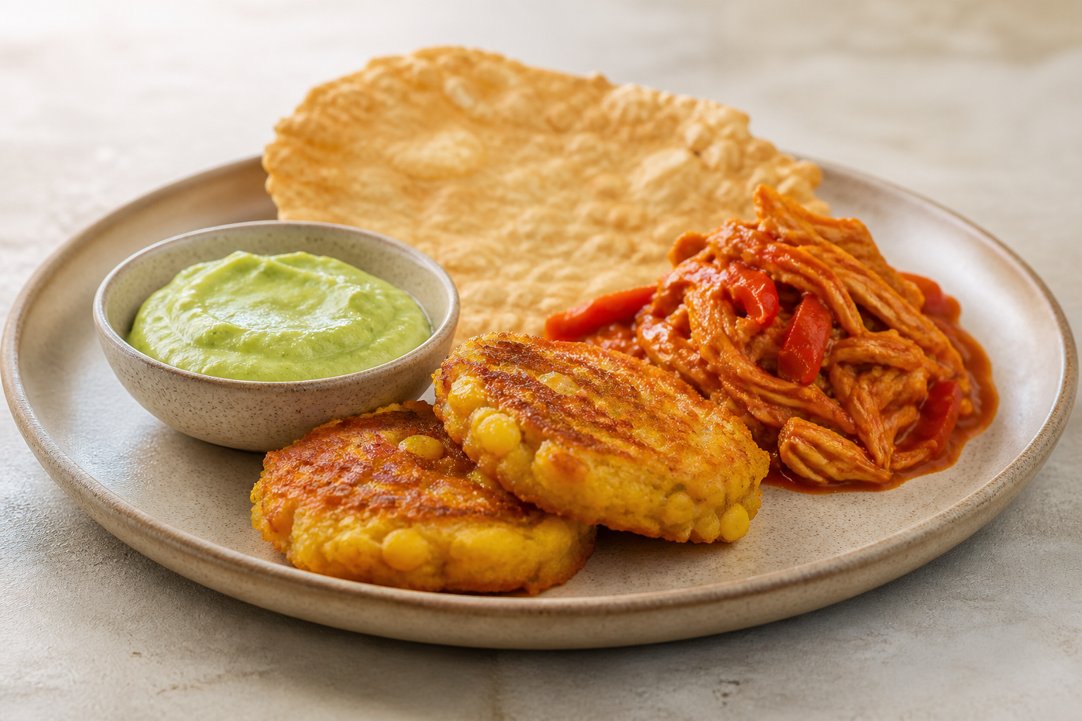Yuca and corn fritters with sweet pepper stewed chicken, avocado cream, and crispy cassava flatbread