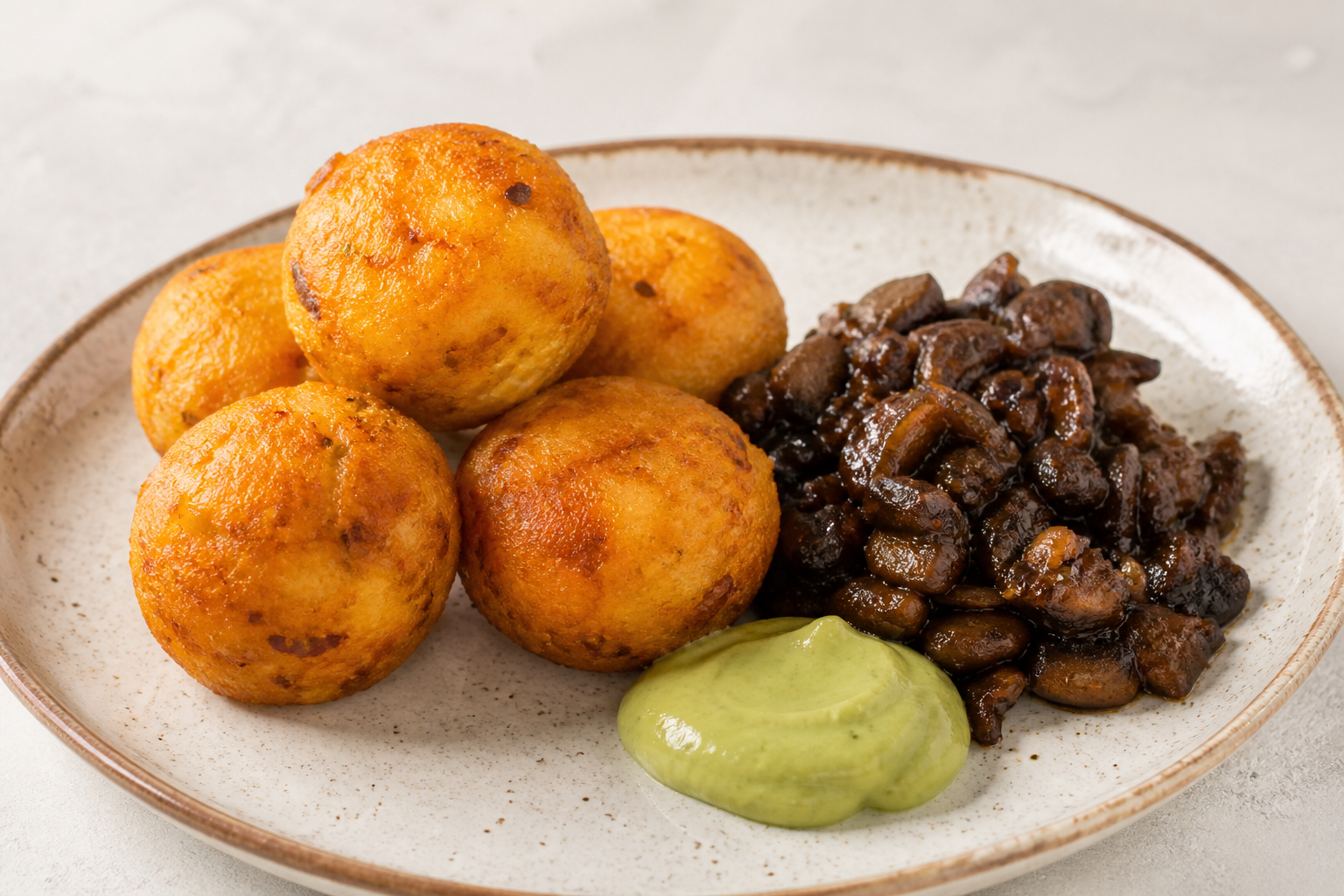Yuca and smoked cheese fritters with papelón-glazed mushroom pabellón and avocado mojo