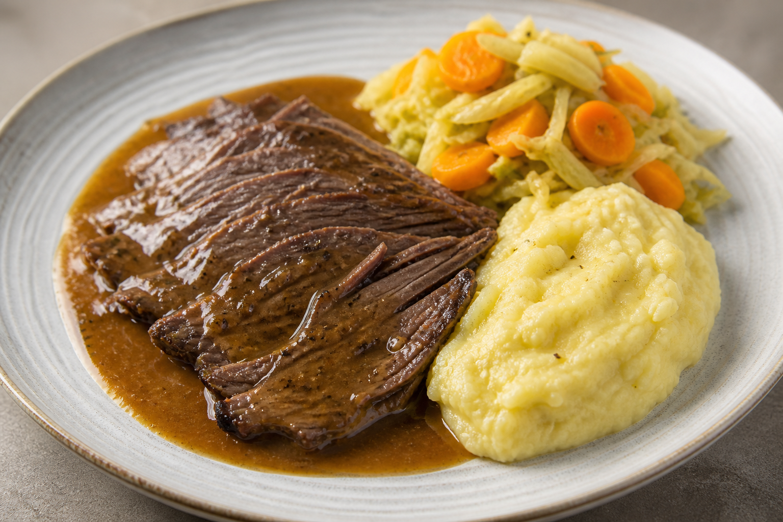 Sobrebarriga Criolla en Salsa de Café y Caña con Puré de Arracacha y Ensalada Tibia de Repollo y Chontaduro