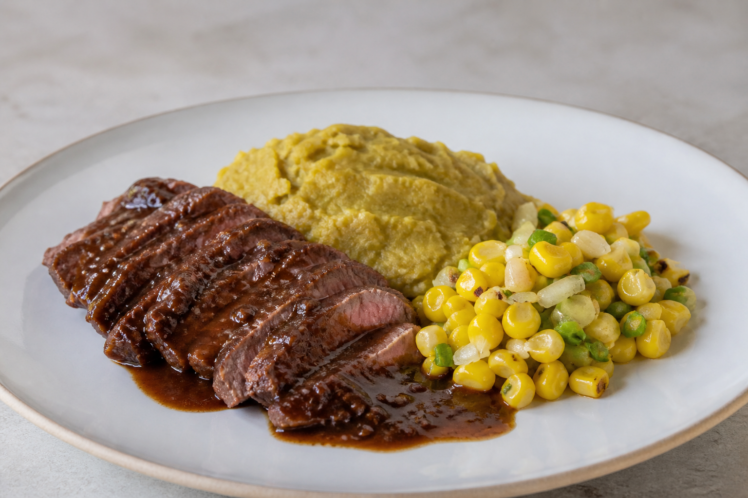 Colombian flank in coffee-cacao sauce with green plantain mash and warm sweet corn salad