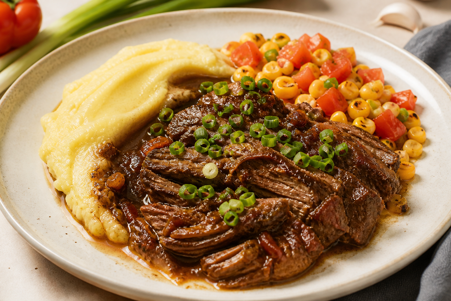 Colombian Flank Pot Roast in Coffee-Cacao Sauce with Arracacha Mash and Warm Sweet Corn Salad