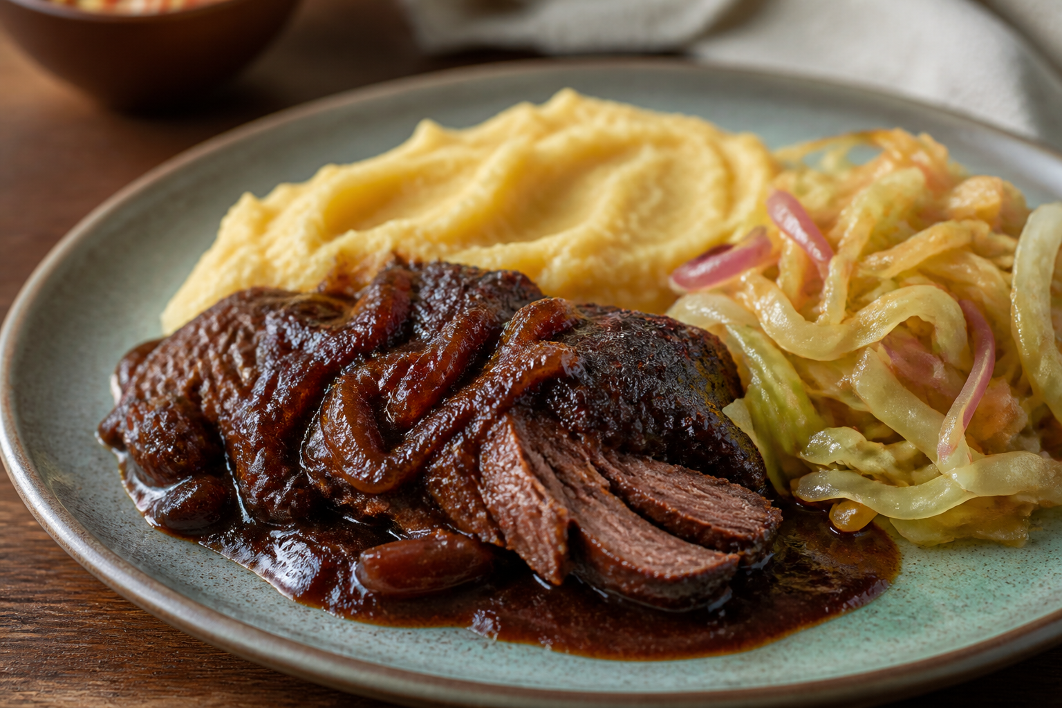 Sobrebarriga Criolla en Salsa de Cerveza Negra y Ciruela con Puré de Arracacha y Ensalada Tibia de Repollo