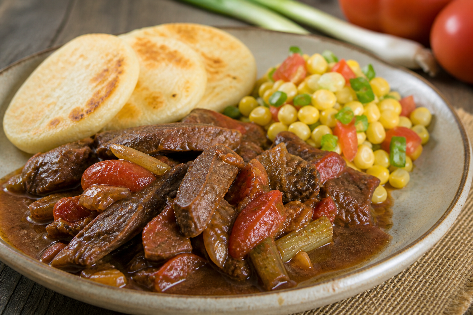 Colombian flank stew in coffee-panela sauce with yuca cakes and warm sweet corn salad