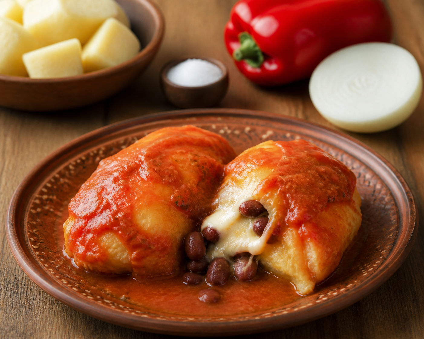 Tortitas salvadoreñas de yuca y chile dulce con relleno de frijol rojo, quesillo y salsa de tomate al orégano