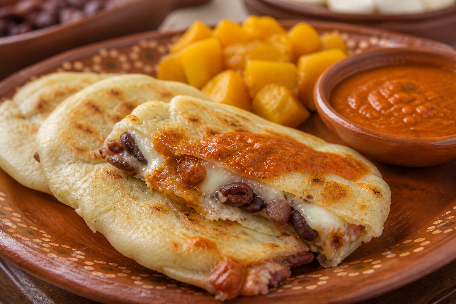 Pupusas salvadoreñas de maíz y ayote asado con relleno de frijol rojo, queso fresco y salsa de tomate al orégano