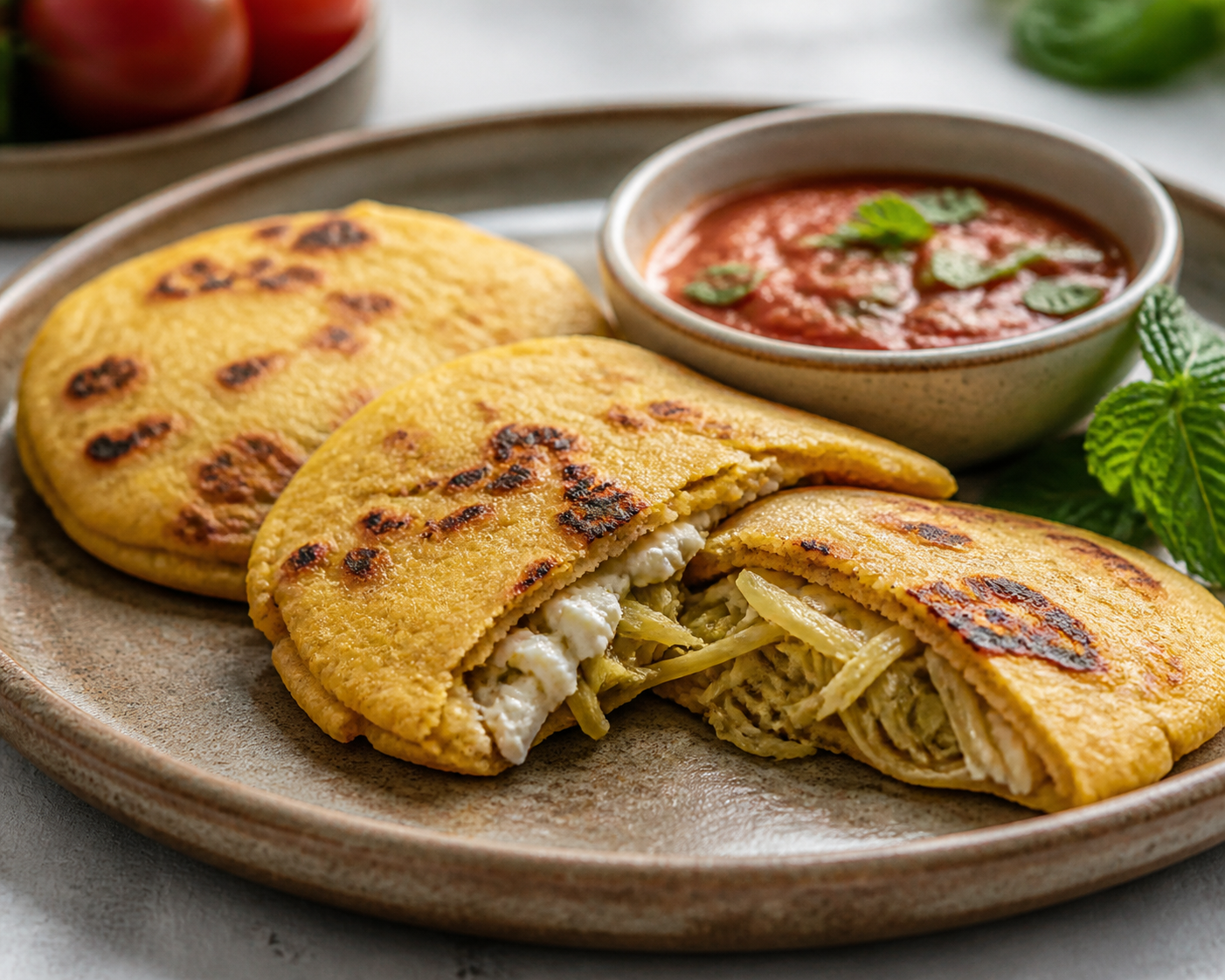 Salvadoran yellow corn pupusas with sautéed izote blossom, fresh cheese, and roasted tomato mint sauce