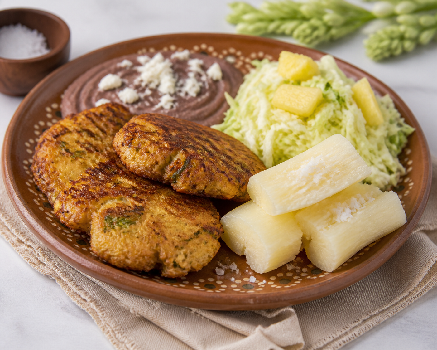 Salvadoran yuca and loroco fritters with red bean cream and pineapple slaw
