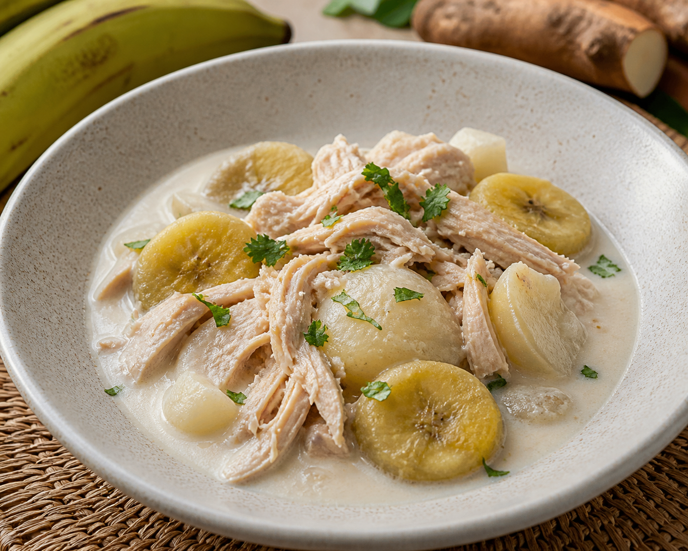 Bollitos Dominicanos de Plátano Verde en Salsa de Coco y Jengibre con Pollo Desmenuzado