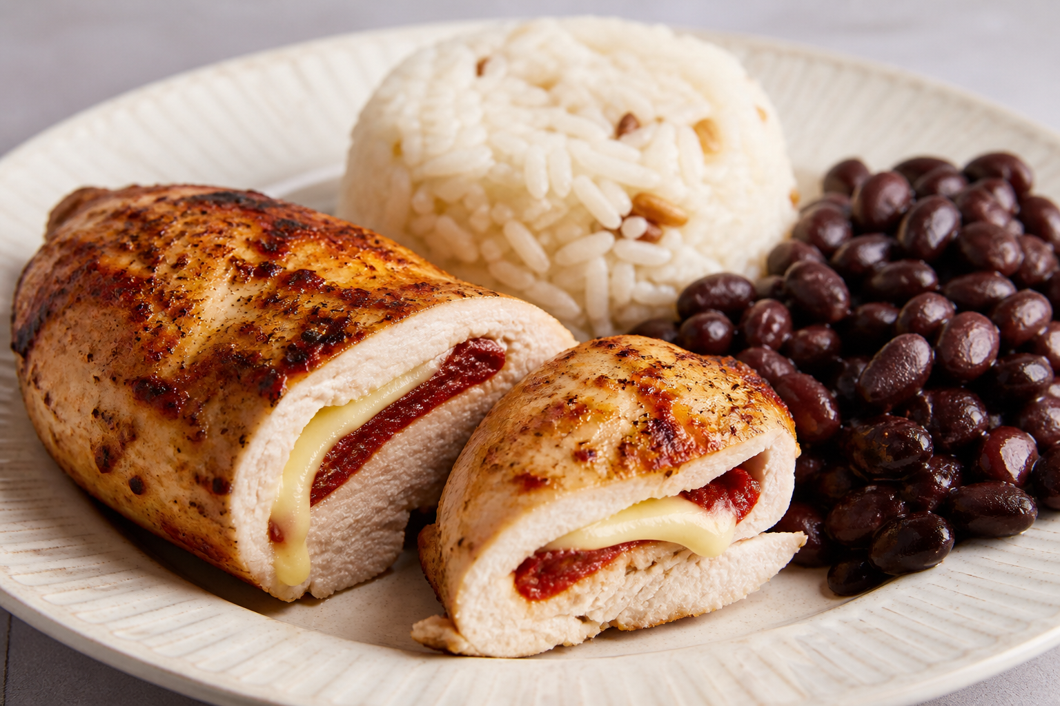 Pechuga de Pollo Dominicana Rellena de Guayaba y Queso con Arroz de Coco Salado y Habichuelas Negras
