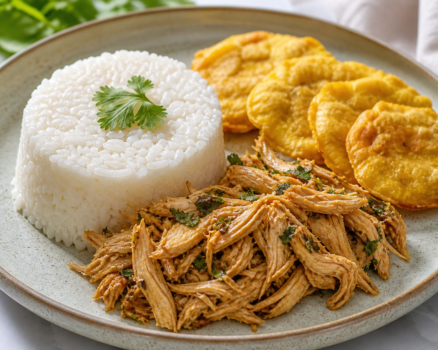Timbal Dominicano de Arroz con Coco, Pollo Desmenuzado al Cilantro y Tostones de Plátano Maduro