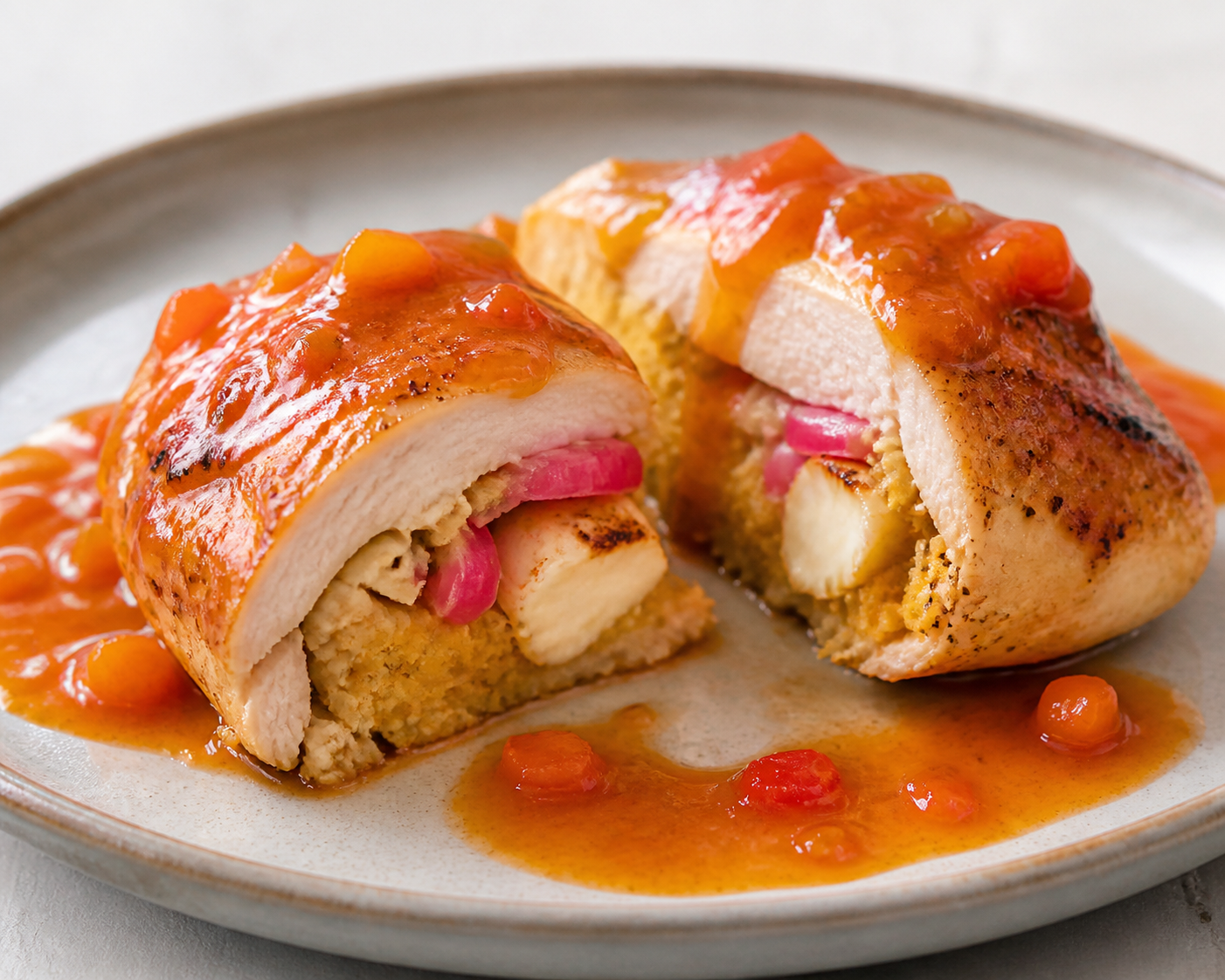 Dominican Chicken Breast Stuffed with Dry Mangú, Fried Cheese and Pickled Onion with Mild Sweet Pepper Sauce