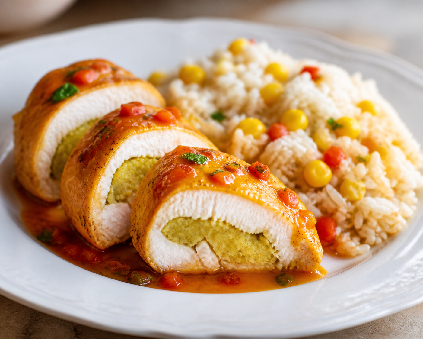Dominican Chicken Breast Stuffed with Garlic Mangú, Sweet Pepper Light Sauce, and Toasted Corn Rice