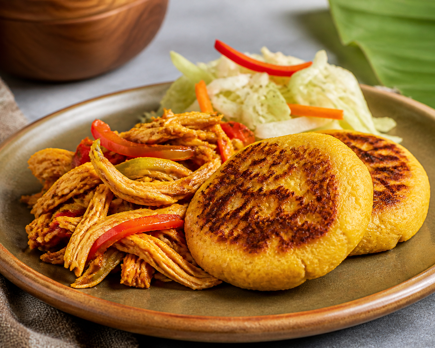 Dominican Corn and Coconut Arepitas with Sweet Pepper Shredded Chicken and Warm Cabbage Slaw