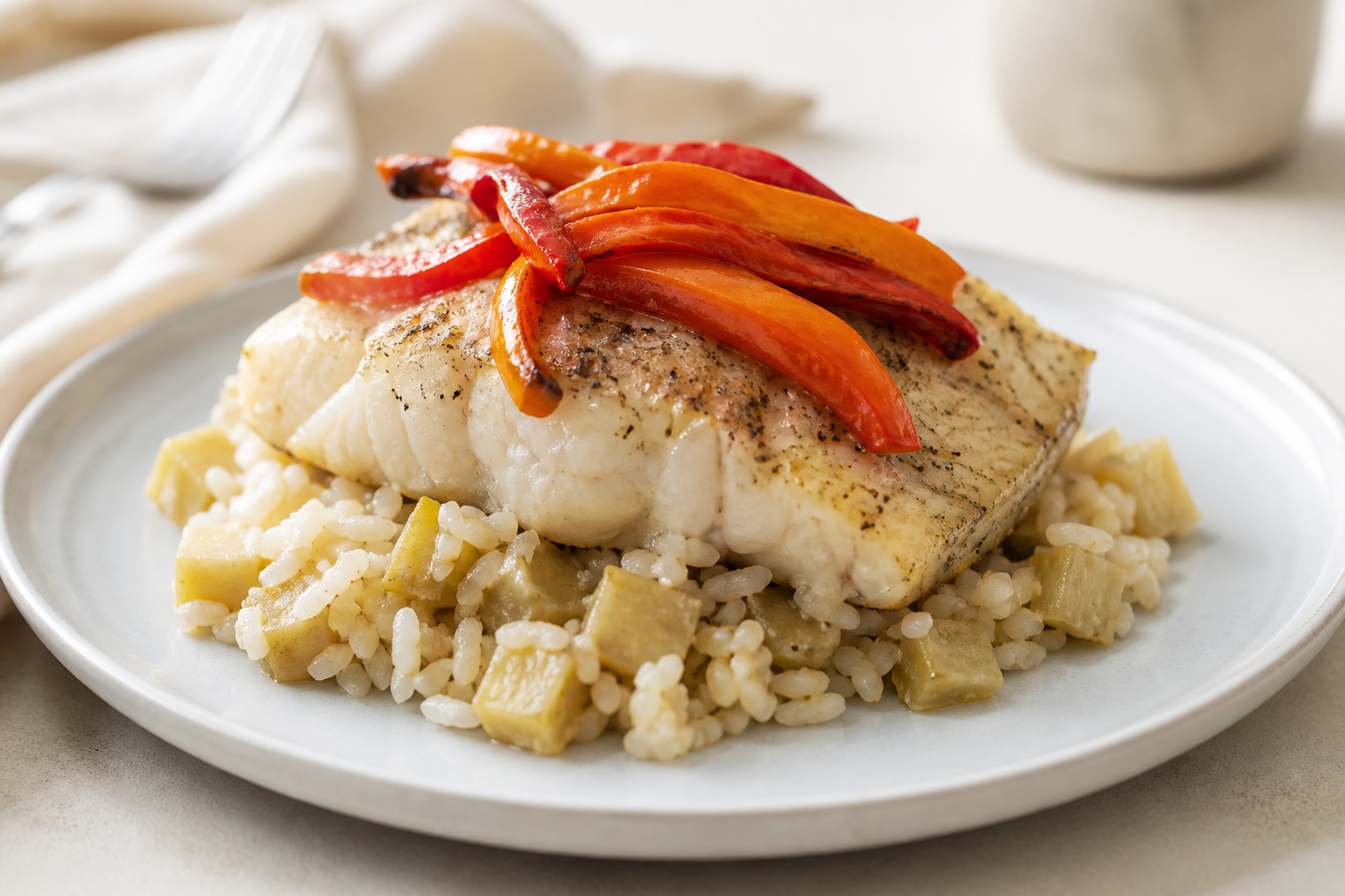 Dominican Cod over Green Banana Coconut Pilaf with Roasted Sweet Peppers