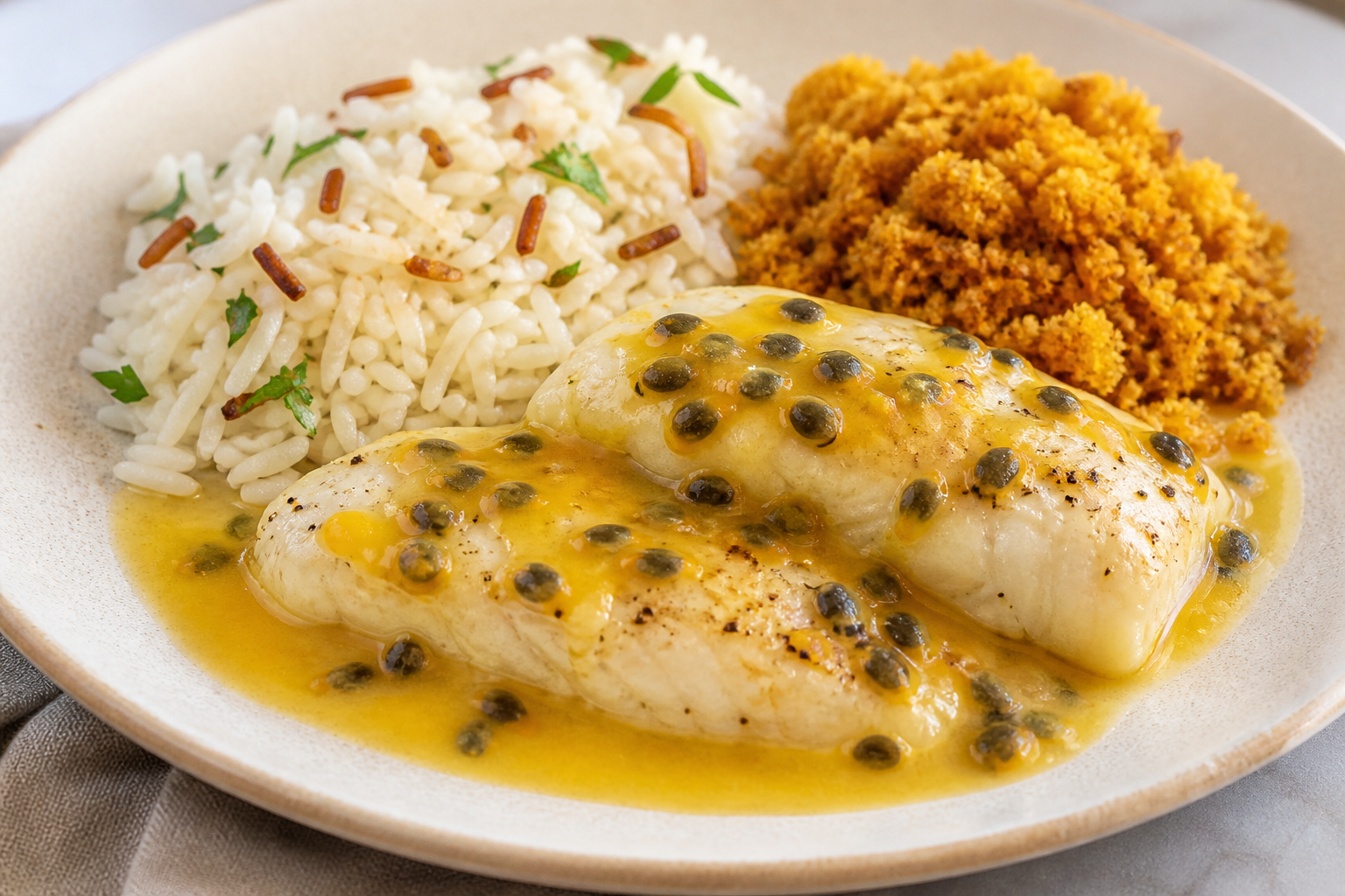 Brazilian Fish in Passion Fruit Coconut Sauce with Golden Onion Rice and Plantain Farofa