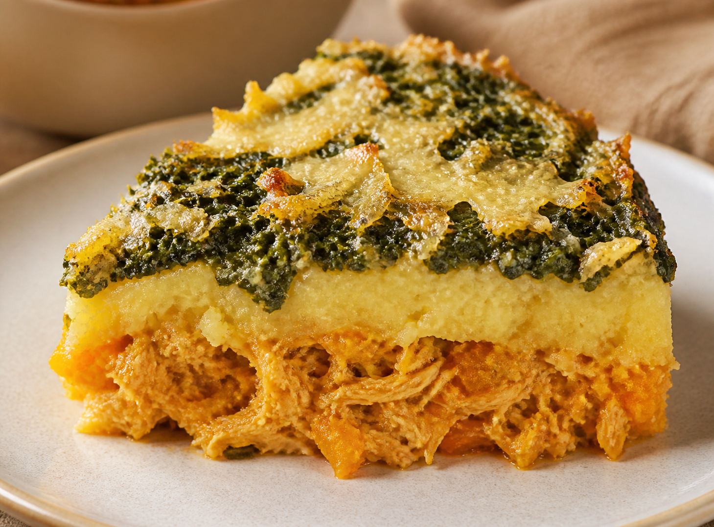 Escondidinho Brasileño de Pollo al Coco y Calabaza con Berza Garlicky y Costra de Queso Minas