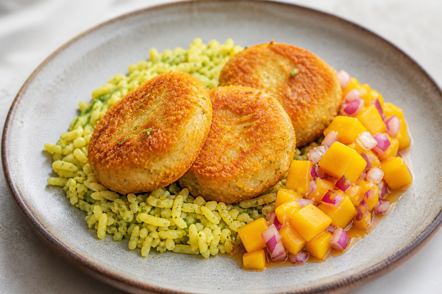 Fish Croquettes with Mild Dendê on Green Coconut Rice and Mango Red Onion Vinaigrette