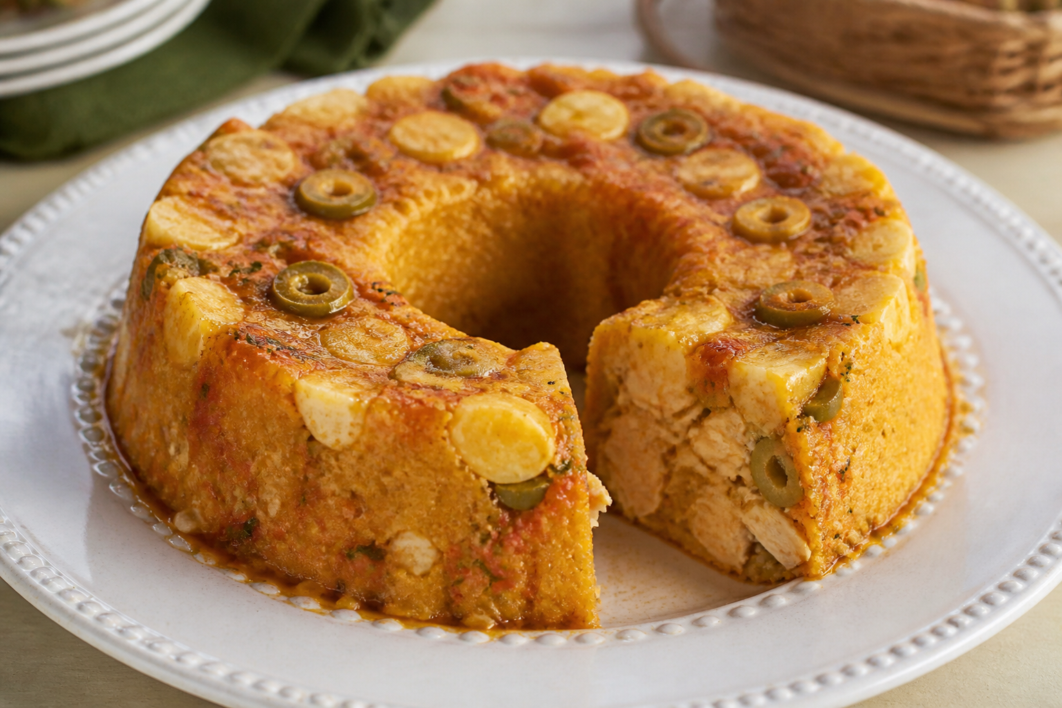 Golden Paulista Corn Cuscuz with Chicken, Hearts of Palm, and Olives in Tomato-Herb Sauce
