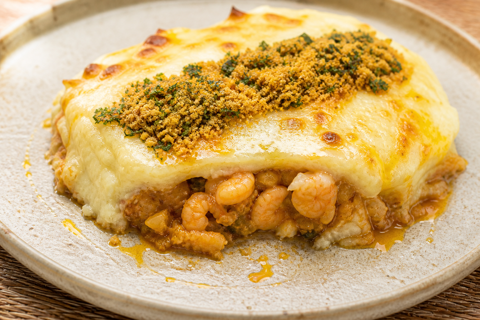 Escondidinho Bahiano de Camarón y Mandioca con Queso Minas, Dendê Suave y Farofa de Cilantro