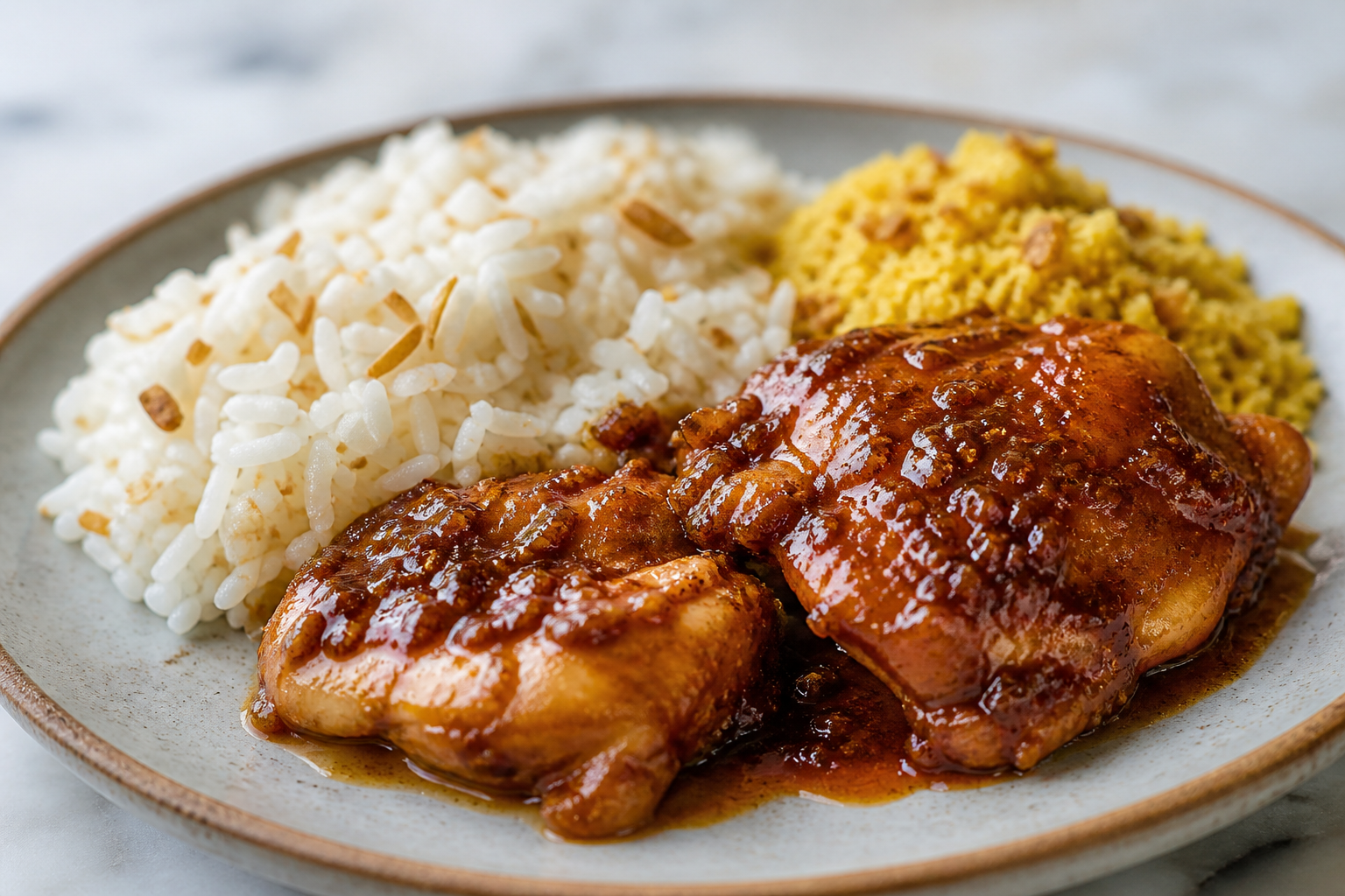 Brazilian Tamarind-Ginger Chicken Thighs with Toasted Coconut Rice and Plantain Farofa