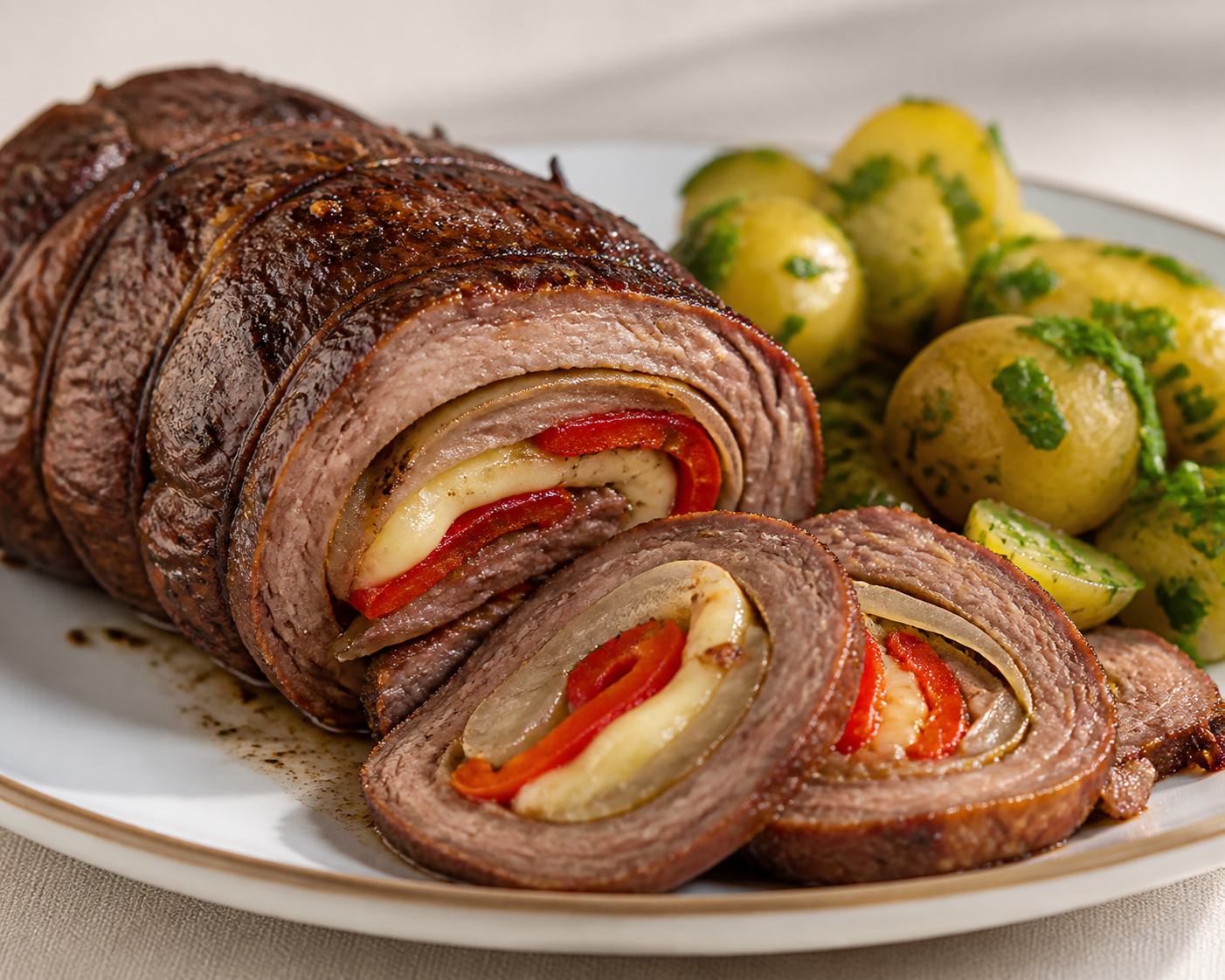 Arrollado Pampeano de Vacío con Membrillo Picante, Provolone y Ensalada Tibia de Papines al Perejil