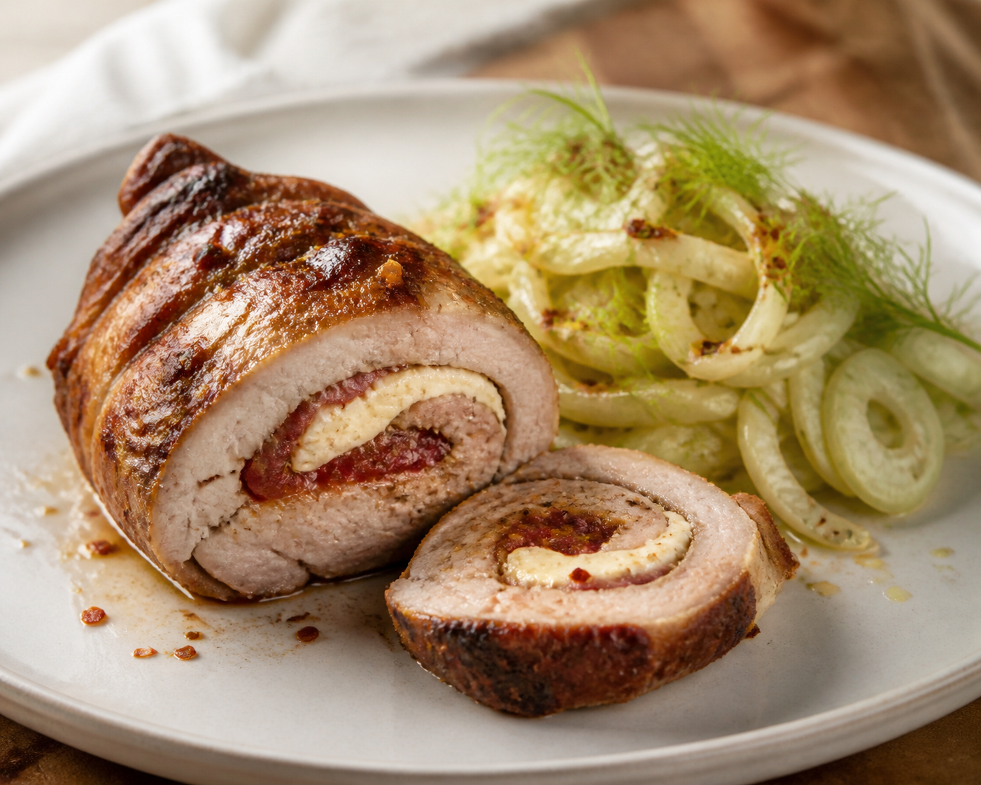 Arrollado Pampeano de Matambre de Cerdo con Membrillo Picante, Queso Criollo y Ensalada Tibia de Hinojo