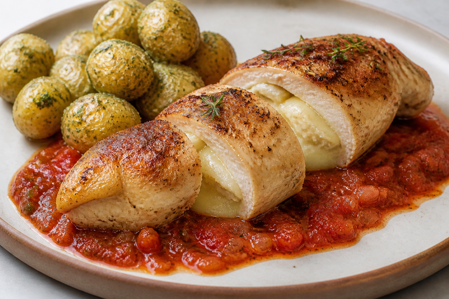Chicken supremes stuffed with provoleta and pear, with roasted tomato criolla sauce and baby potatoes with mild chimichurri
