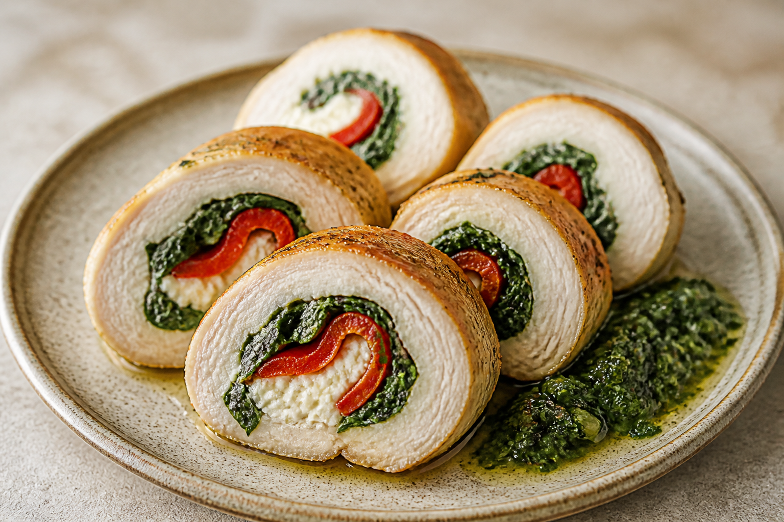 Arrollado Pampeano de Pollo al Chimichurri Suave con Relleno de Espinaca, Ricota y Morrón Asado