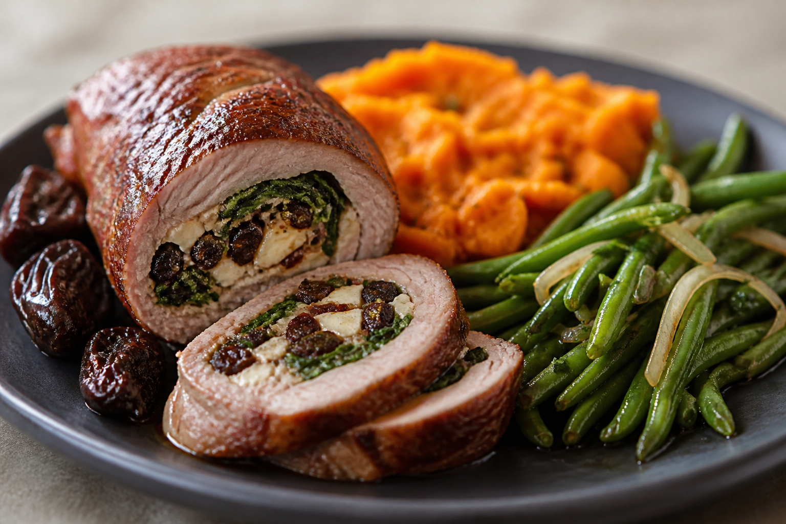 Criollo pork flank roll with Malbec prunes, smashed sweet potatoes, and warm green bean salad