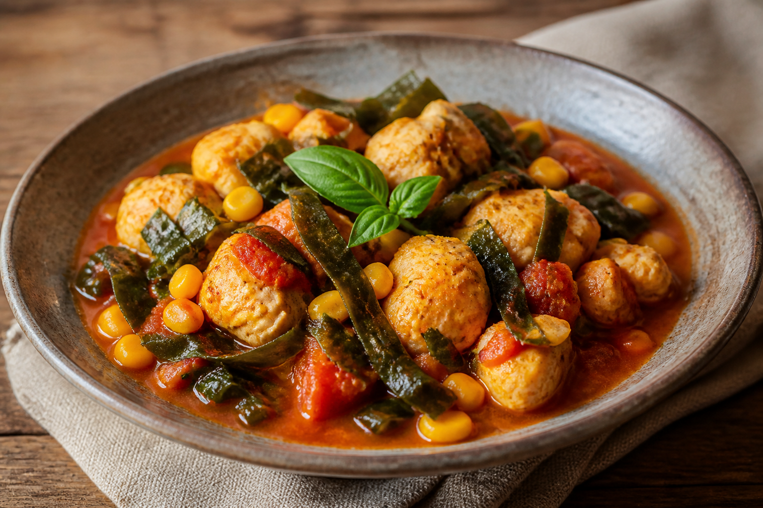 Chilean Tomato Stew with Cochayuyo and Cumin Chicken, Golden Corn and Basil