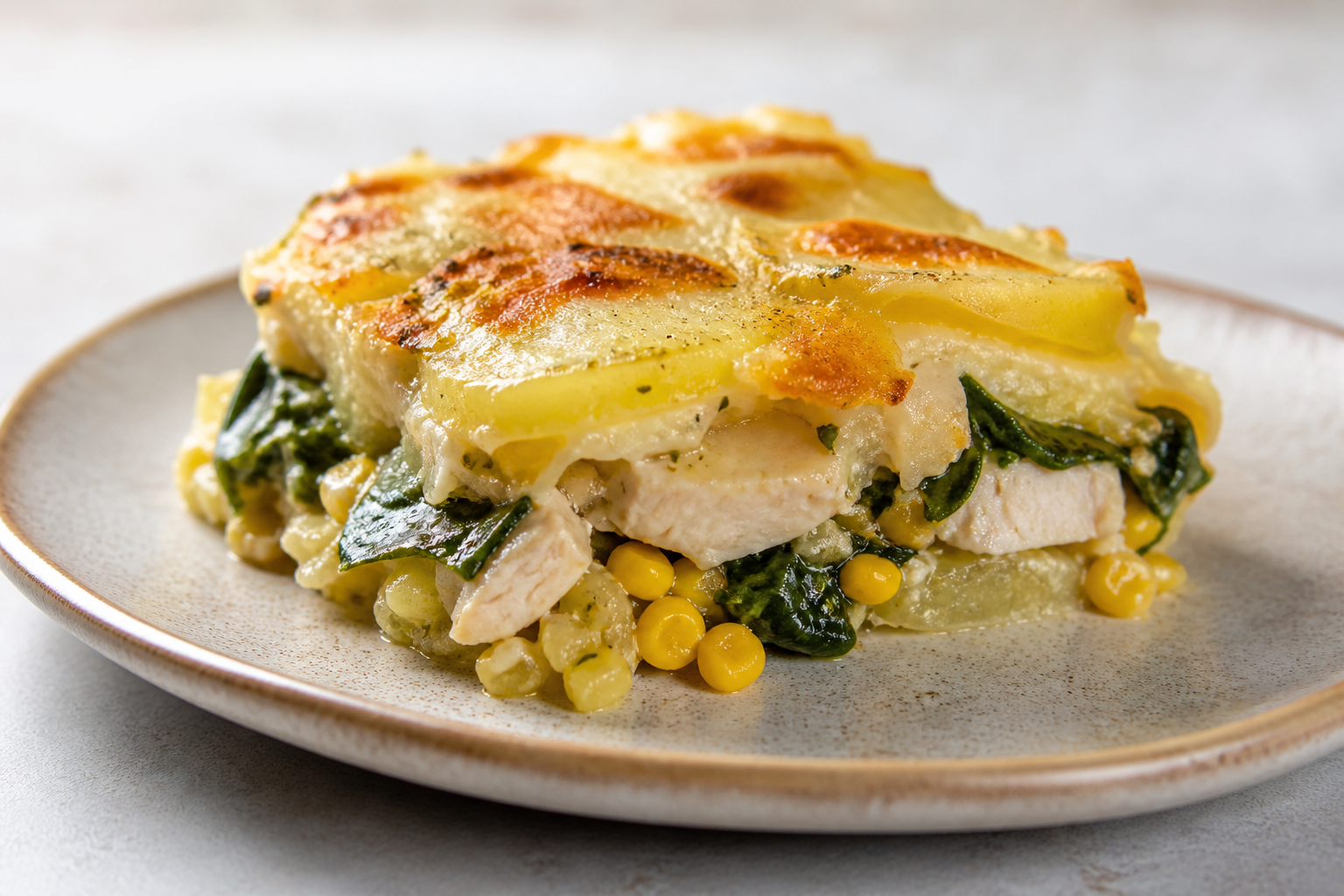 New Potato Bake with Chicken, Swiss Chard and Oregano Corn Filling