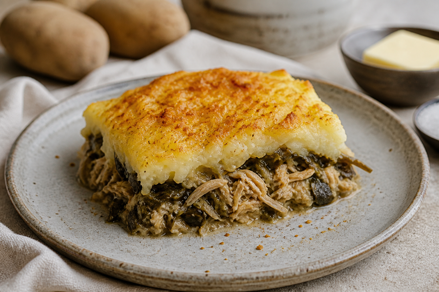 Pastel de Papas Chilotas con Pino de Pollo, Cochayuyo y Costra de Avena al Merkén