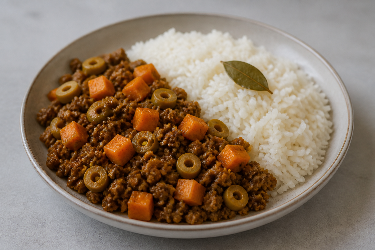 Picadillo Cubano de Res con Boniato, Aceitunas Verdes y Arroz de Laurel