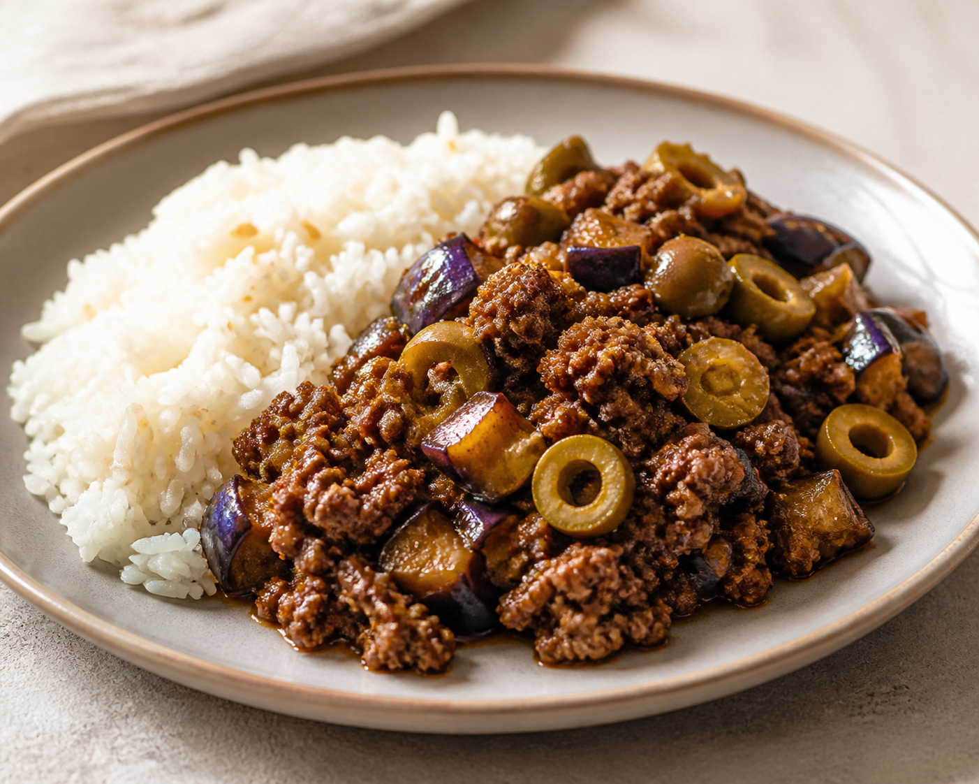 Cuban Beef Picadillo with Smoky Eggplant, Olives, and Garlic Rice