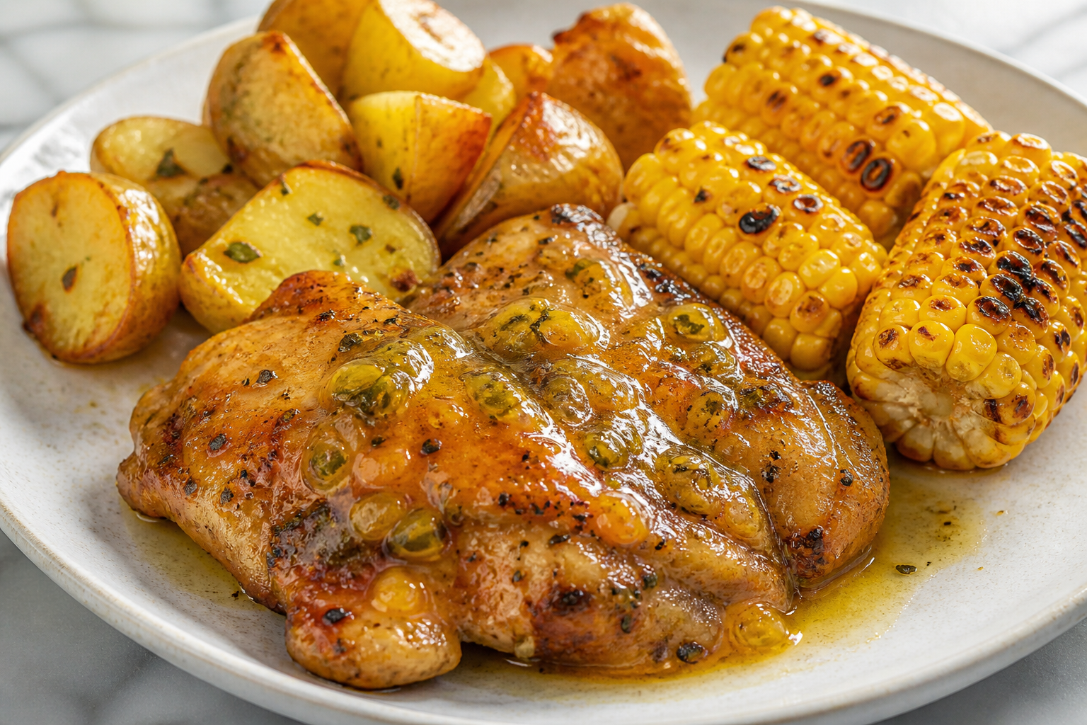 Passion Fruit Ají Chicken with Golden Potatoes and Grilled Corn