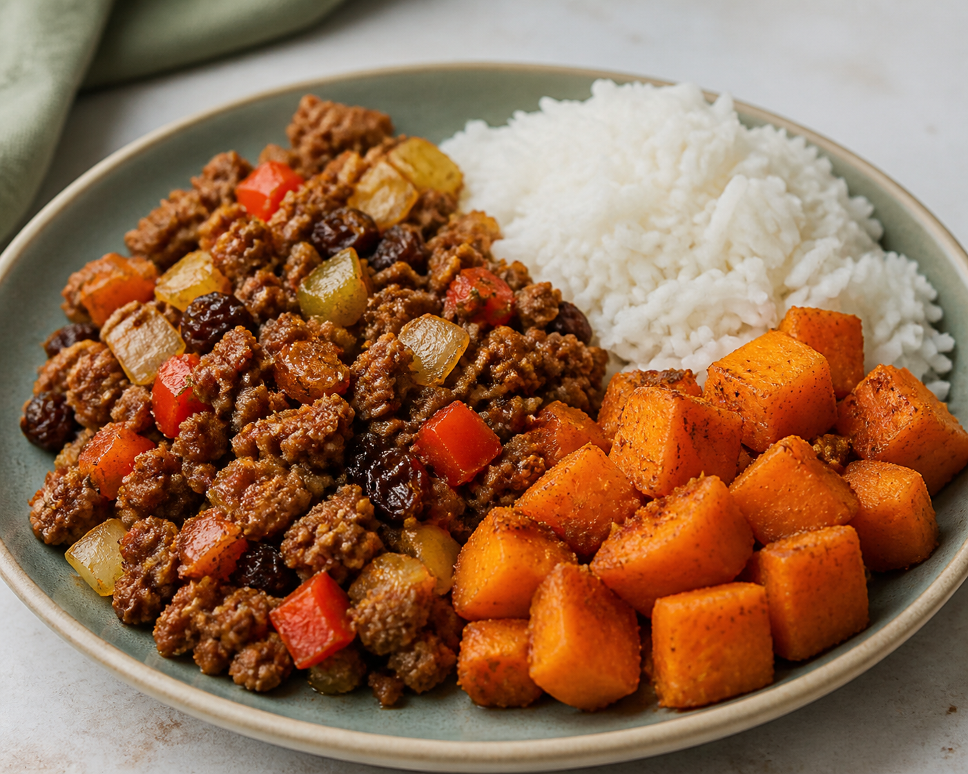 Cuban Beef Picadillo with Cumin Sweet Potato and Lime White Rice