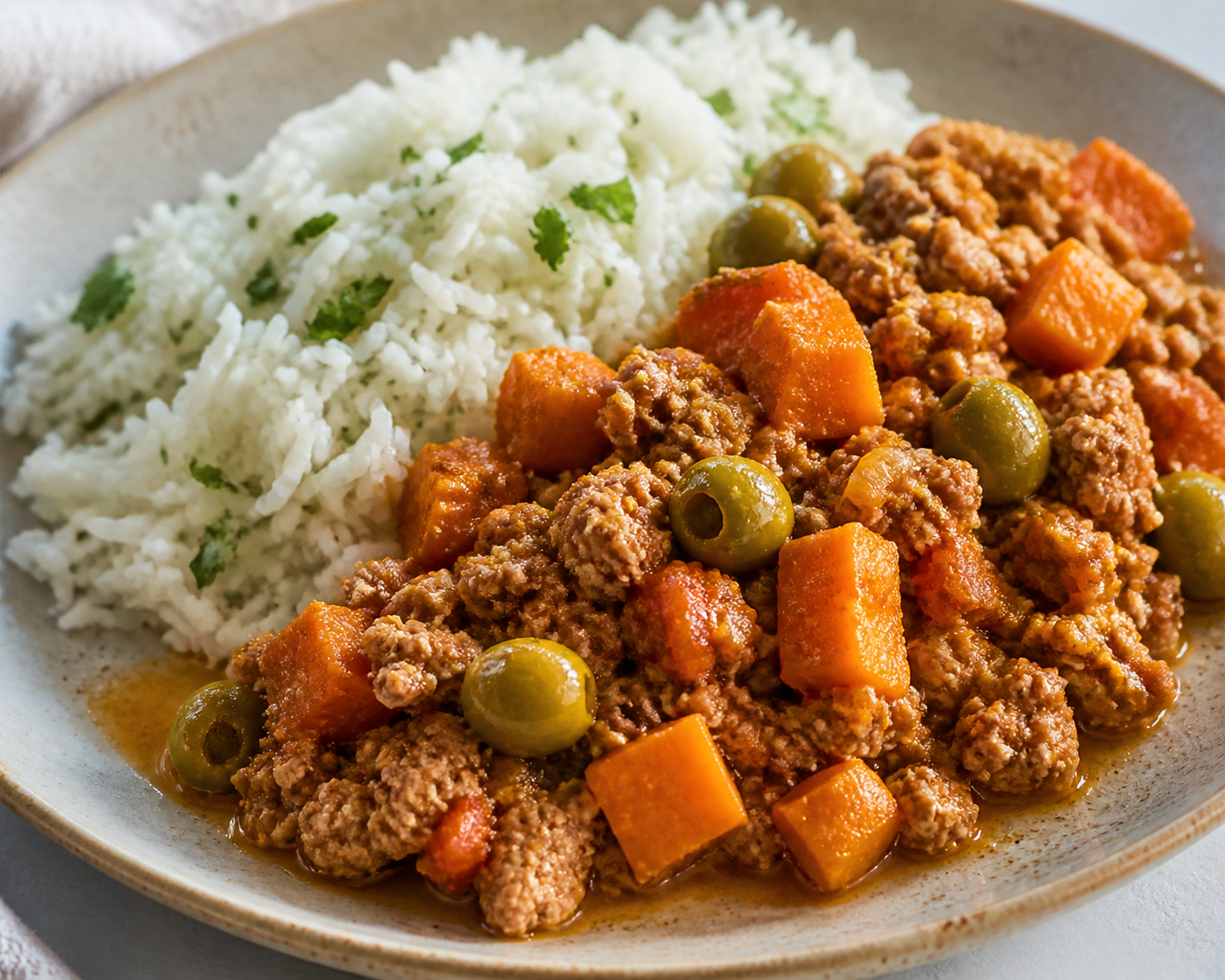Cuban Chicken Picadillo with Sweet Potato, Olives, and Cilantro Rice