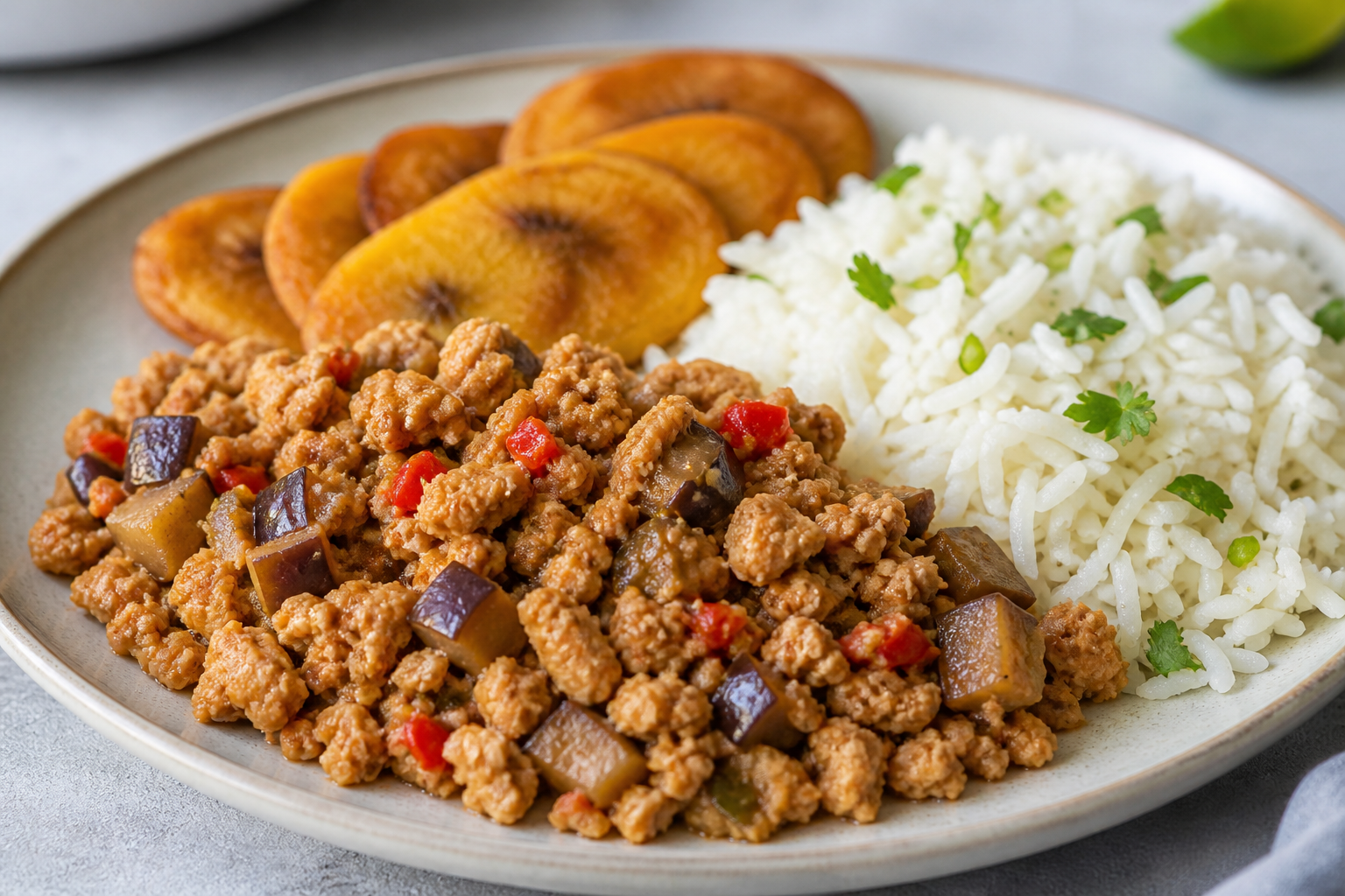 Picadillo Cubano de Pollo y Berenjena con Arroz de Lima y Plátano Verde Crujiente