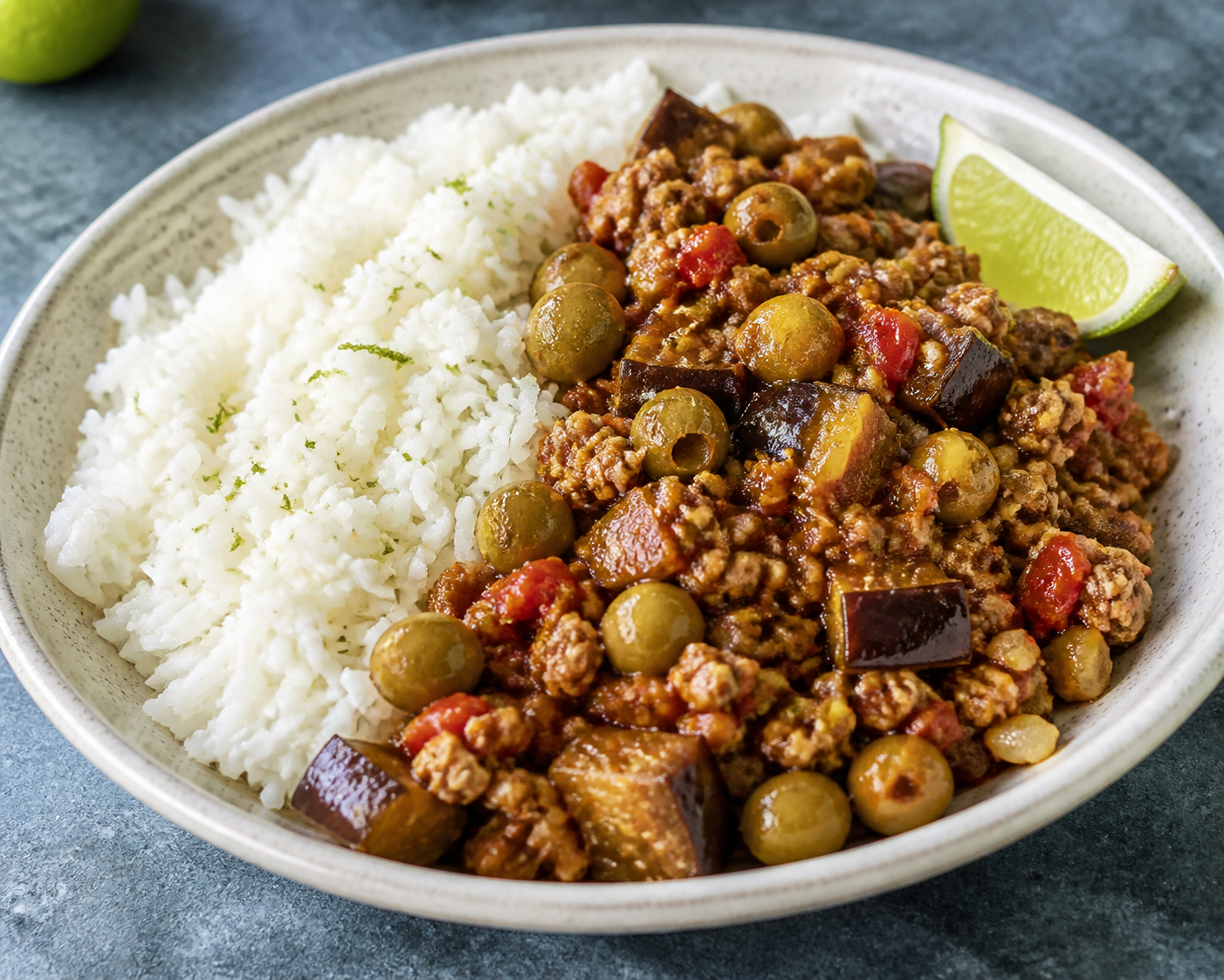 Cuban Chicken Picadillo with Smoky Eggplant, Olives, and Lime Rice