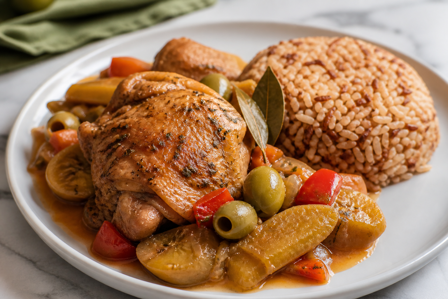 Braised chicken caldero with green bananas, olives, and toasted recao rice