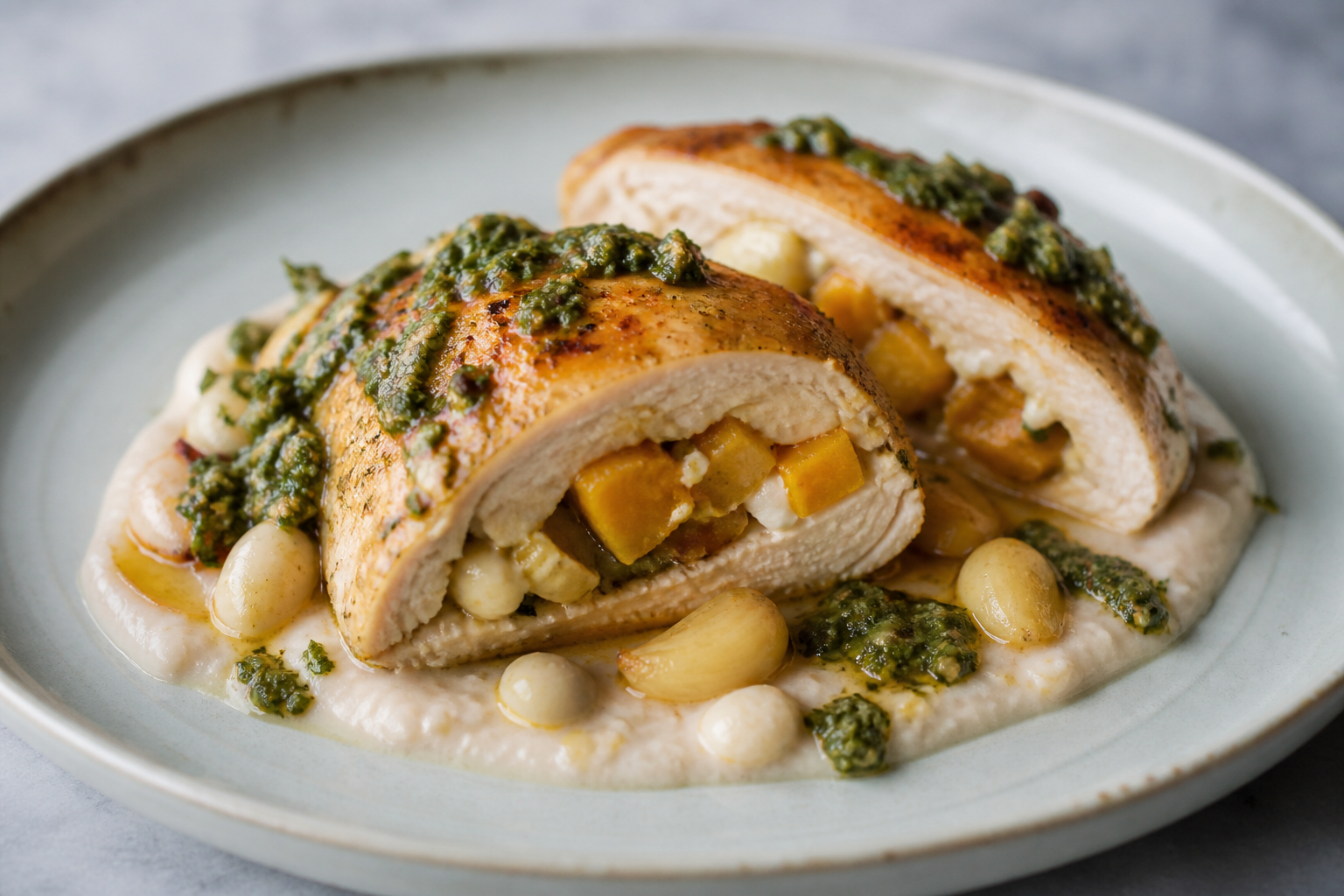 Chicken Breasts Stuffed with Sweet Plantains and Queso del País with Roasted Garlic, Recao and White Bean Sauce
