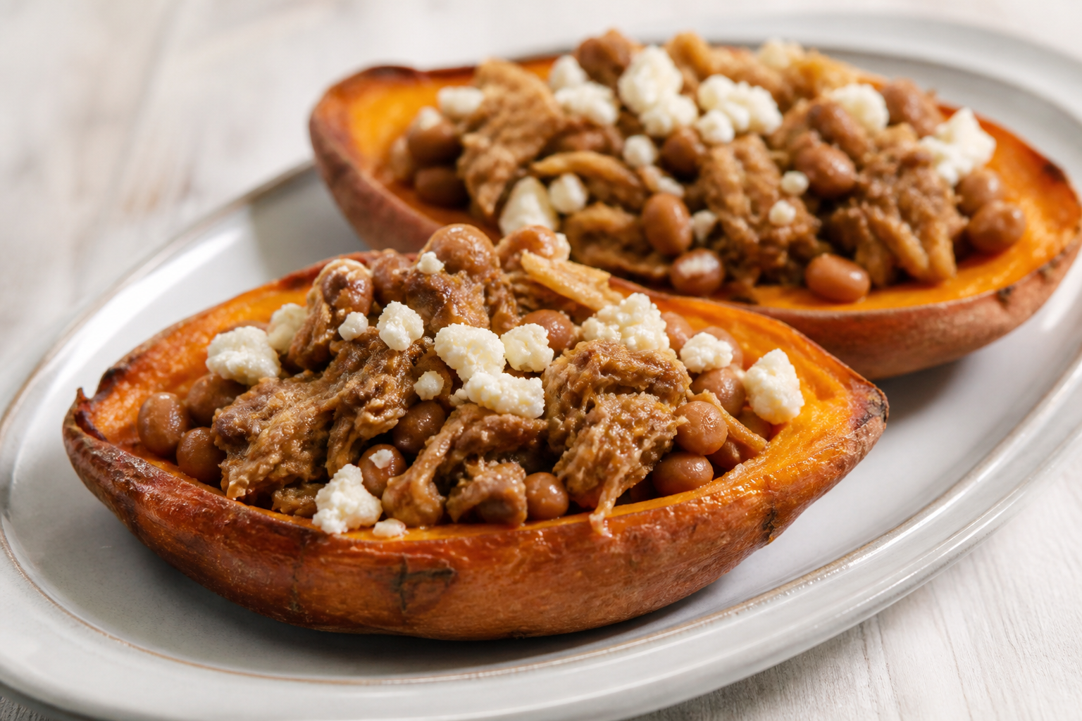Sweet Potato Canoe with Coffee-Braised Chicken, Tender Pigeon Peas and Queso del País