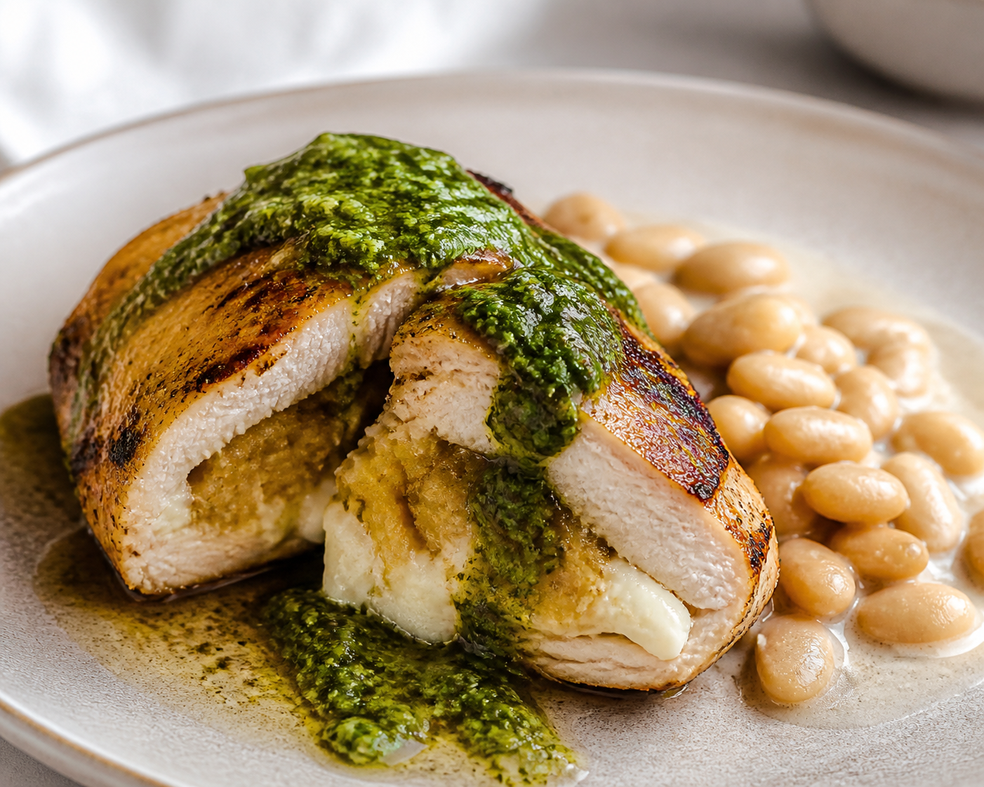 Pechuga de pollo rellena de amarillos y queso del país con salsa de recao y habichuelas blancas al coco